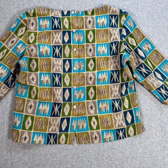 Jordan Vintage 3/4 Sleeve Blouse Womens Large Button Back Square Neck Green/Blue - Picture 8 of 8